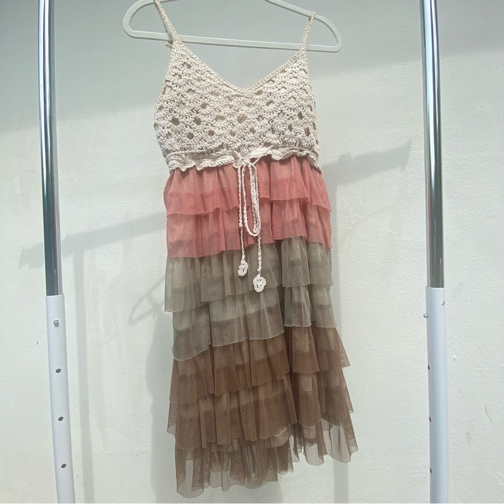 Y2K Euro Cream Crochet & Multicolor Layered Tulle Fairy Dress Size Large